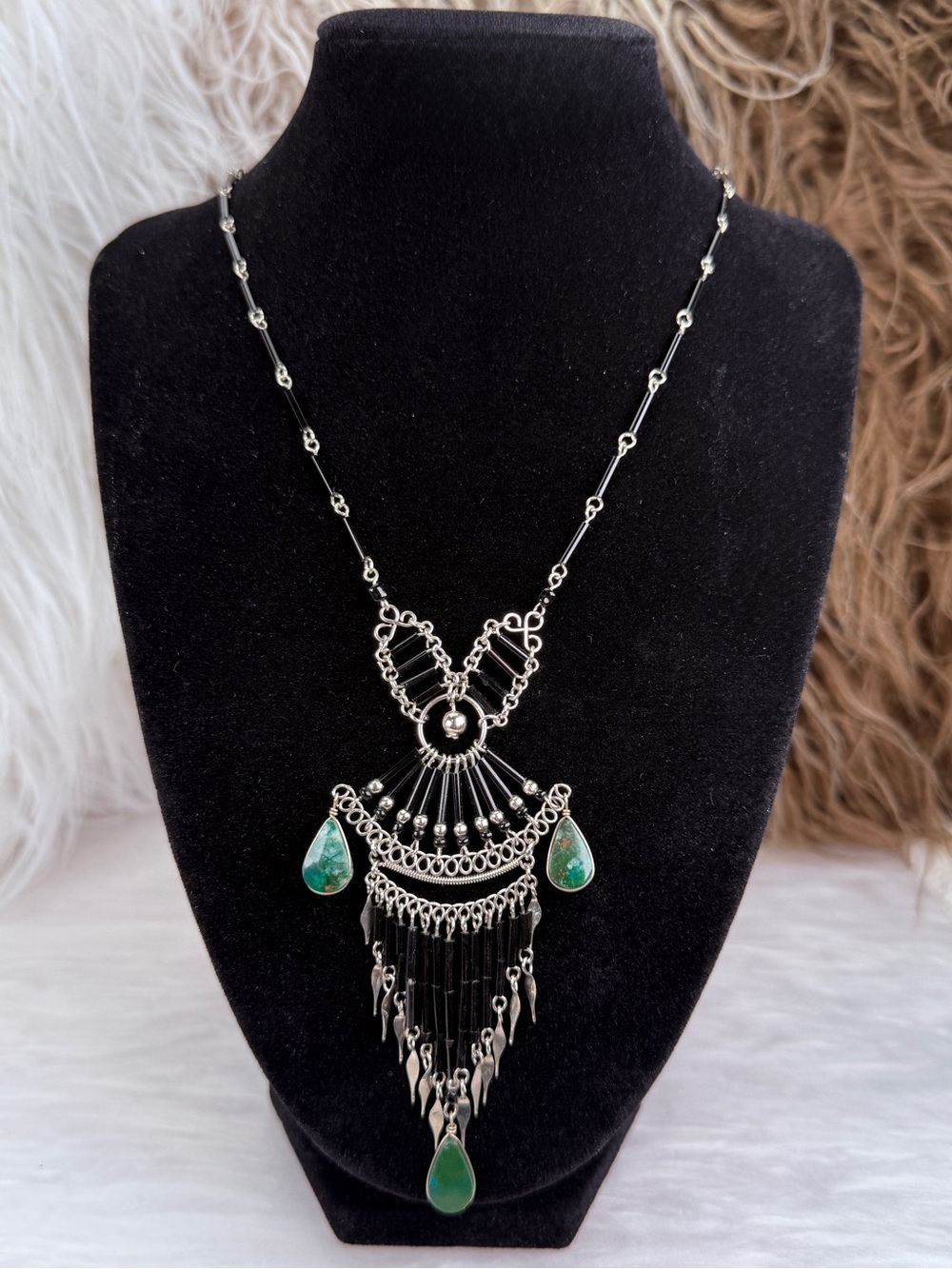 Vintage Southwest Style Fringe Statement Necklace Faux Turquoise Silvertone